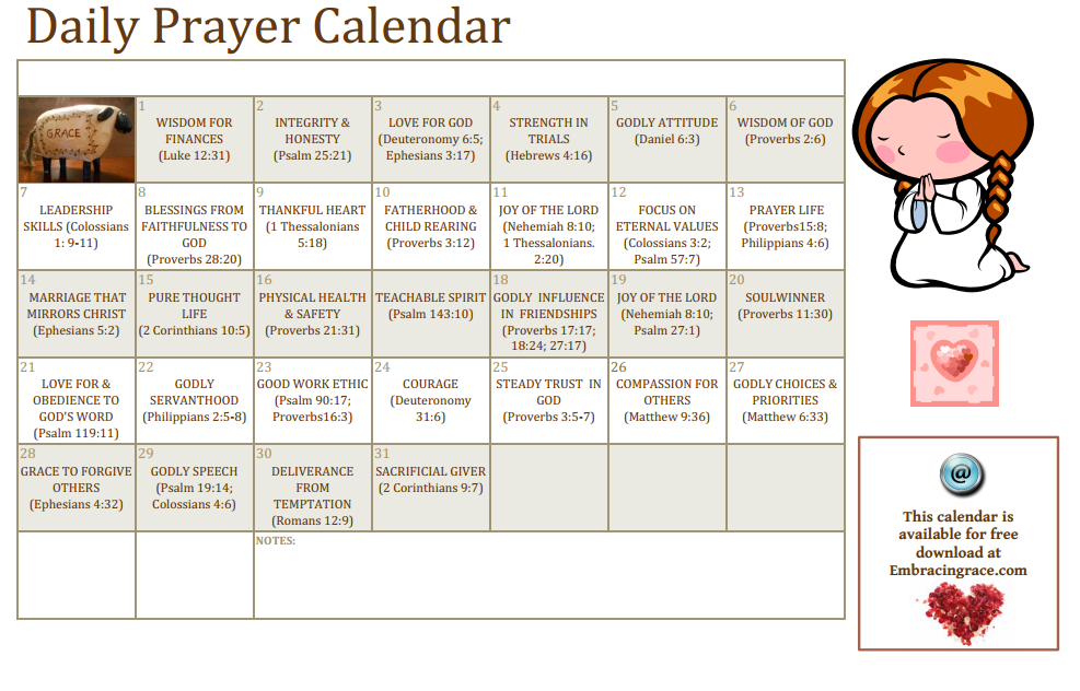 Give the Gift of Prayer~ A Free Printable Calendar for Wives Hope For